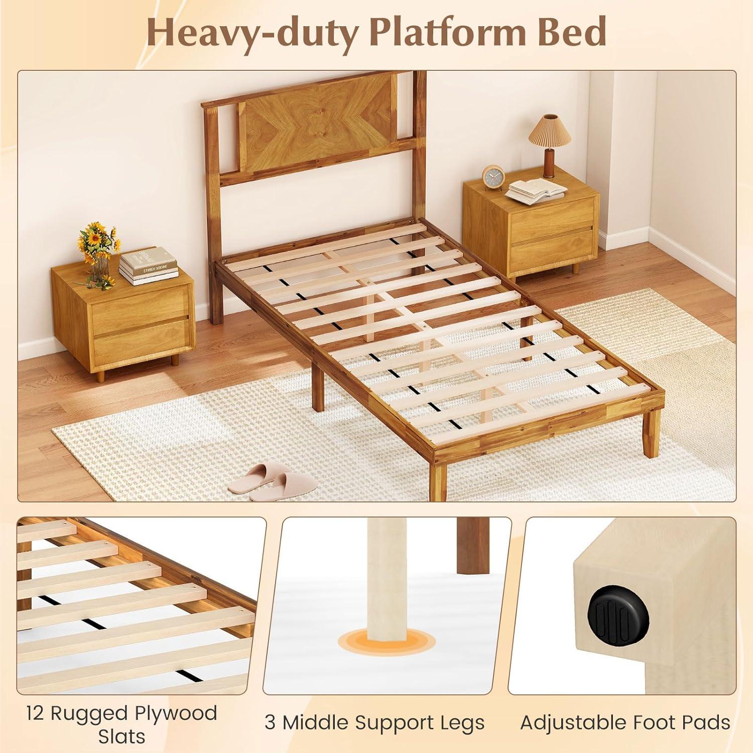 image:imageGiantex Wood Queen Size Bed Frame with Headboard Acacia Platform Bed w12 Slats Support UnderBed Space Wooden Mattress Foundation No Box Spring NeededTwin