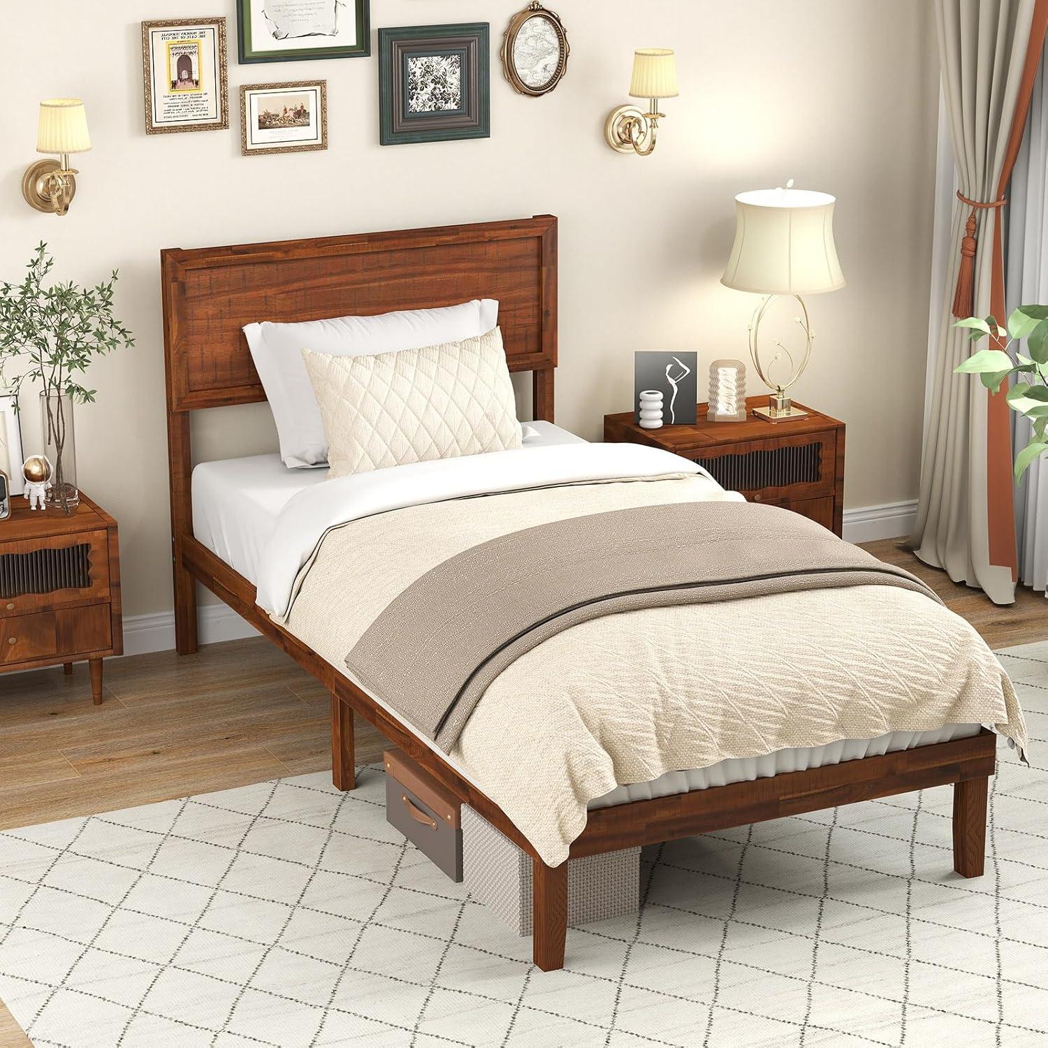 image:imageGiantex Wood Queen Size Bed Frame with Headboard Acacia Platform Bed w12 Slats Support UnderBed Space Wooden Mattress Foundation No Box Spring NeededTwin