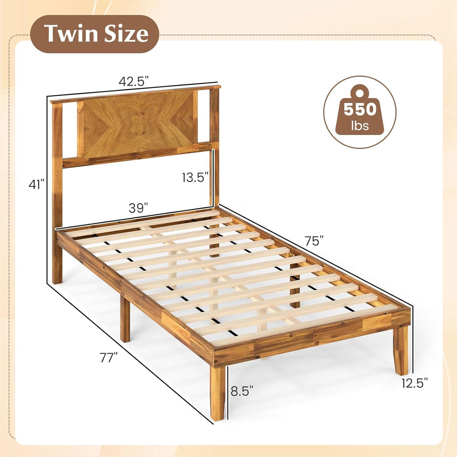 image:imageGiantex Wood Queen Size Bed Frame with Headboard Acacia Platform Bed w12 Slats Support UnderBed Space Wooden Mattress Foundation No Box Spring NeededTwin