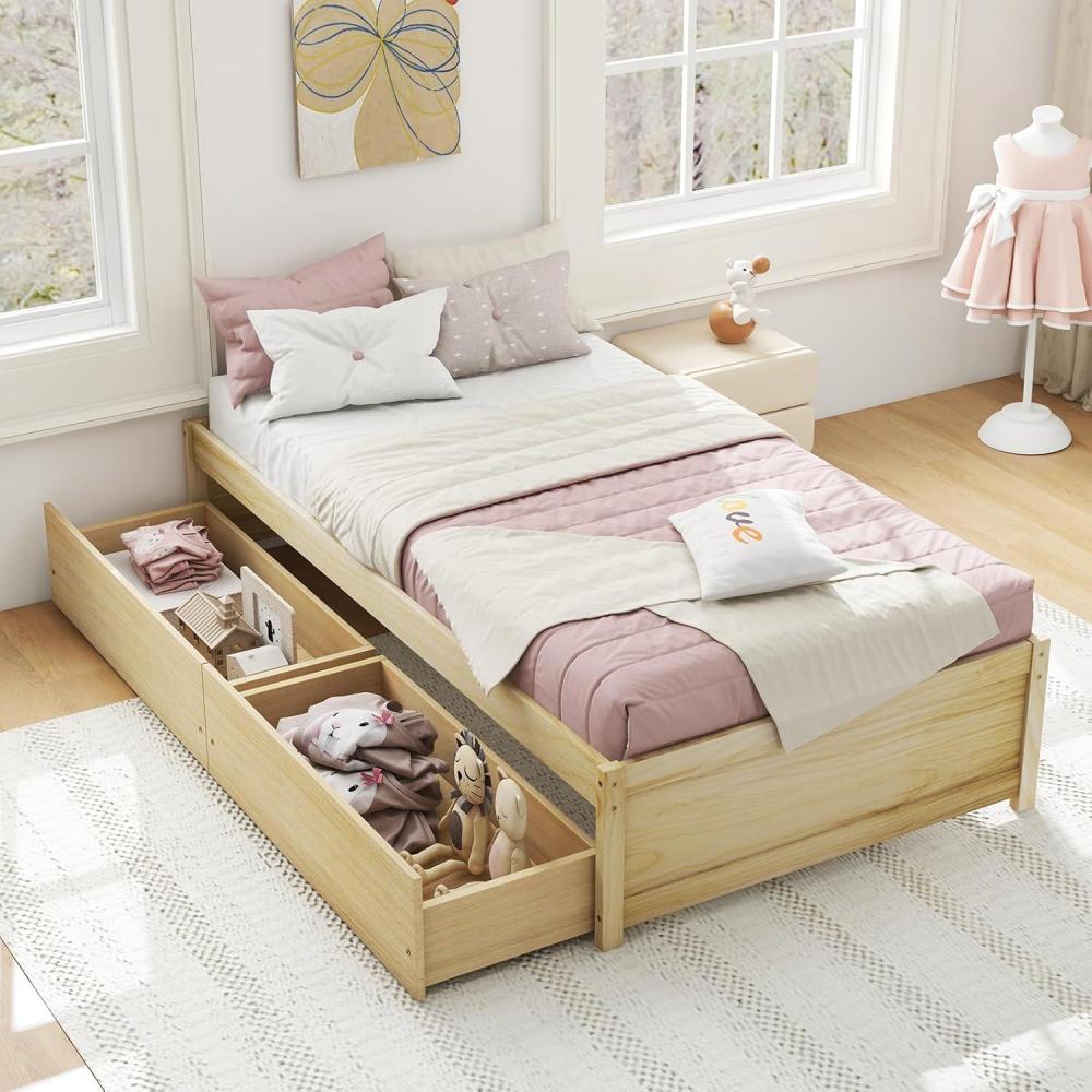 image:imageGiantex Full Size Bed Frame with 2 Storage Drawers Solid Wood Platform Bed with Slats Support Heavy Duty Daybed with Storage No Box Spring Needed Full Bed Frames for Teens Adults WhiteNatural