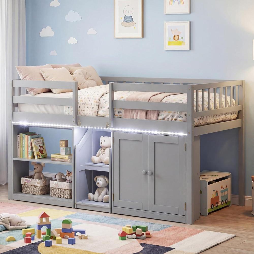 image:imageGiantex Low Loft Bed Twin Size with LED Lights Wooden Bed Frame wStairs Safety Guardrails Storage Cabinet Bookshelf amp UnderBed Play Space Modern Kids Loft Bed for Boys Girls Mint GreenGrey