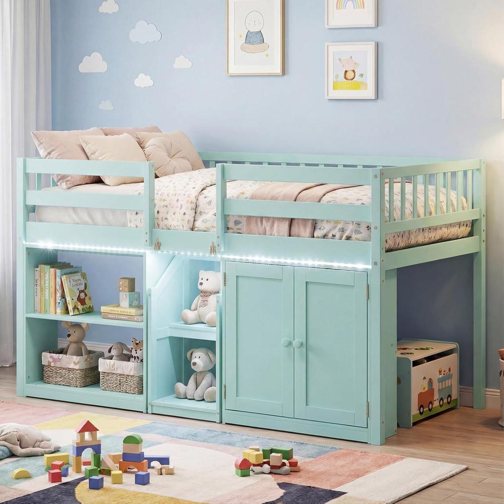 image:imageGiantex Low Loft Bed Twin Size with LED Lights Wooden Bed Frame wStairs Safety Guardrails Storage Cabinet Bookshelf amp UnderBed Play Space Modern Kids Loft Bed for Boys Girls Mint GreenMint Green