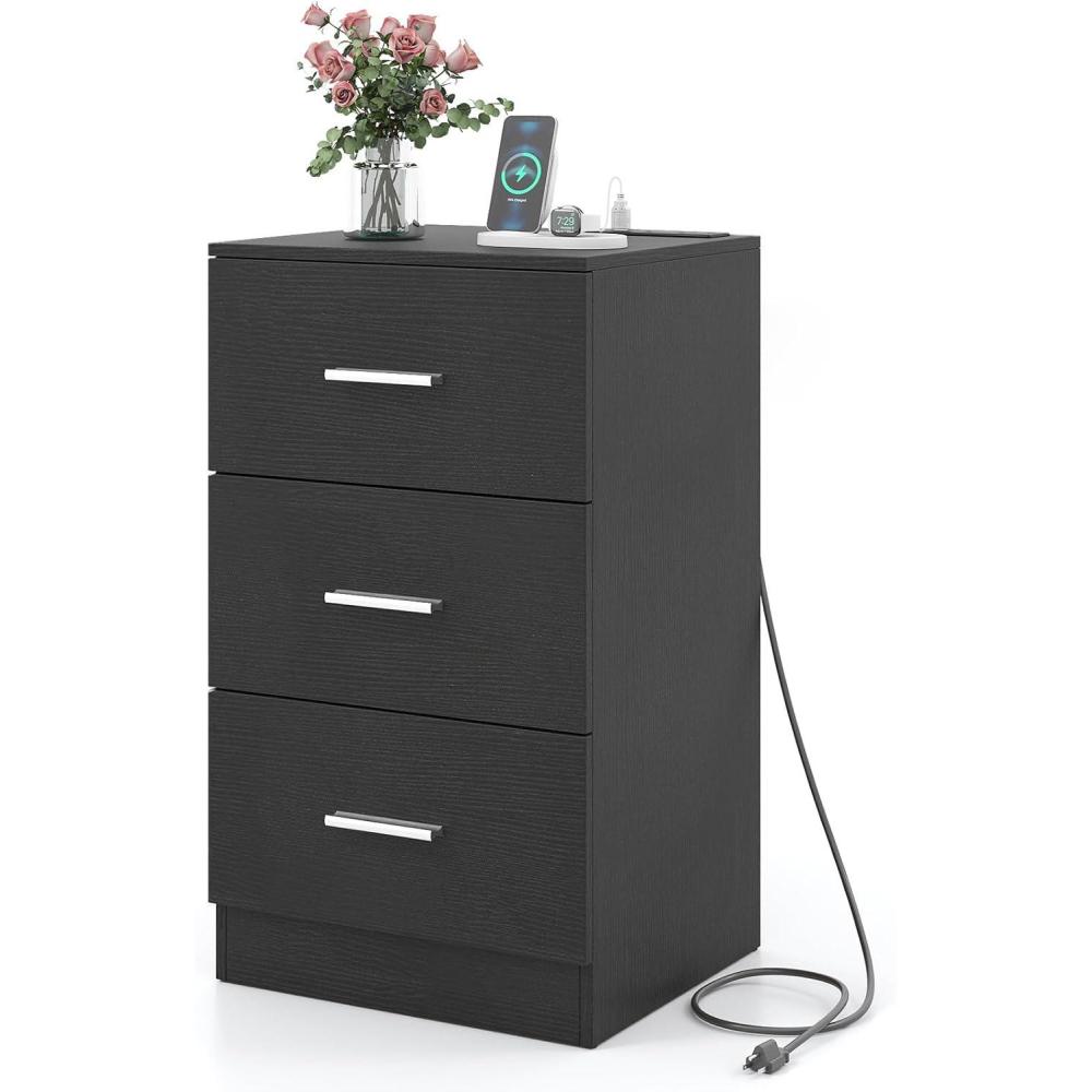image:imageGiantex Night Stand Set 2 with Charging Station 26 Tall Side End Table w3 Storage Drawers Wooden Nightstand Chest of Drawers Wood Dresser for Bedroom Office 2 NaturalBlack