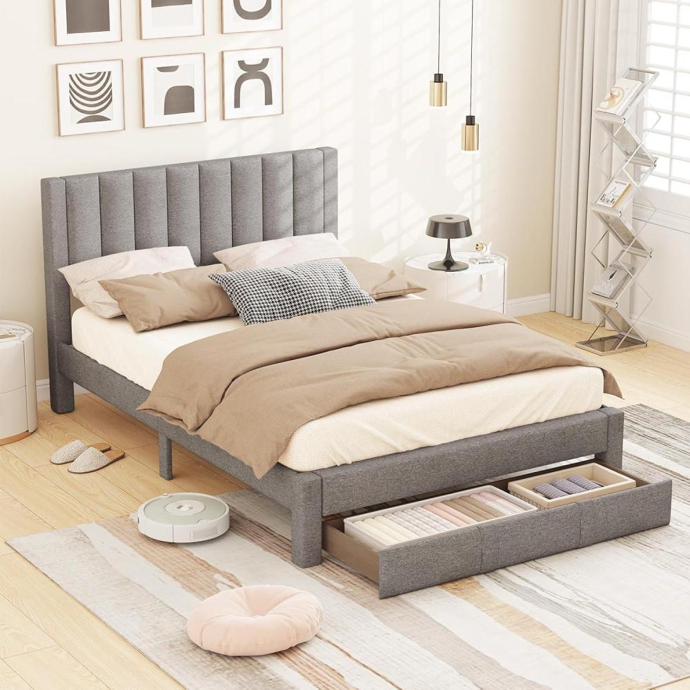 image:imageGiantex Queen Size Bed Frame with Storage Drawer Upholstered Velvet Platform Bed with Vertical Channel Headboard Wooden Slats Support Mattress Foundation No Box Spring Needed BeigeGrey