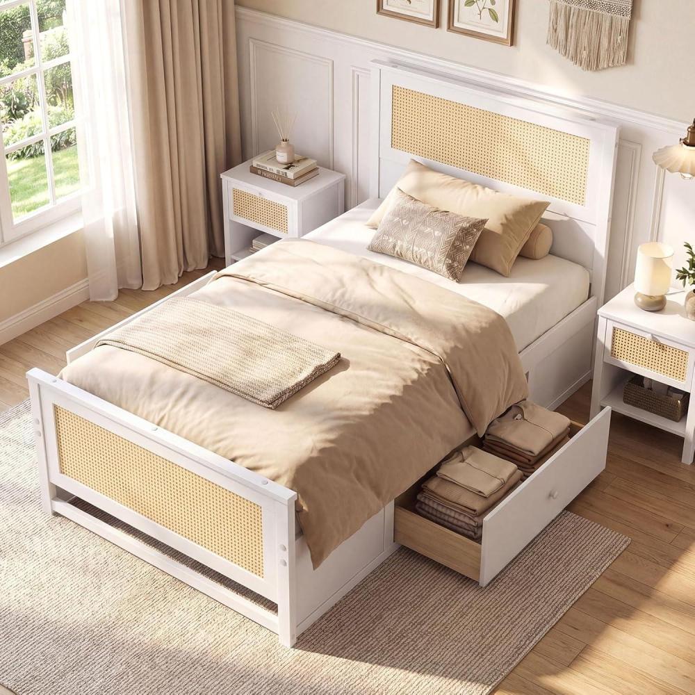 image:imageGiantex Rattan Bed Frame with 2 Storage Drawers Twin Size Boho Platform Beds wHeadboard amp Footboard Wood Mattress Foundation Twin Bed Frames for Kids Adults No Box Spring Needed White TwinWhite