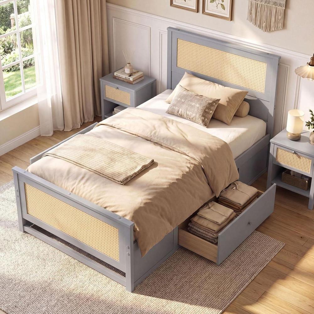 image:imageGiantex Rattan Bed Frame with 2 Storage Drawers Twin Size Boho Platform Beds wHeadboard amp Footboard Wood Mattress Foundation Twin Bed Frames for Kids Adults No Box Spring Needed White TwinGrey