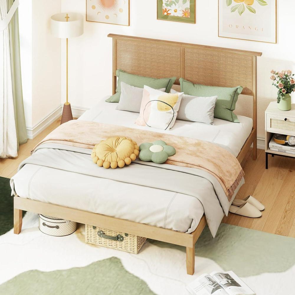 image:imageGiantex Rattan Twin Bed Frames for Kids Boho Platform Bed with Natural Wicker Headboard Solid Wood Foundation amp Support Slats UnderBed Storage Twin Size Bedframe for Adults No Box Spring NeededQueen