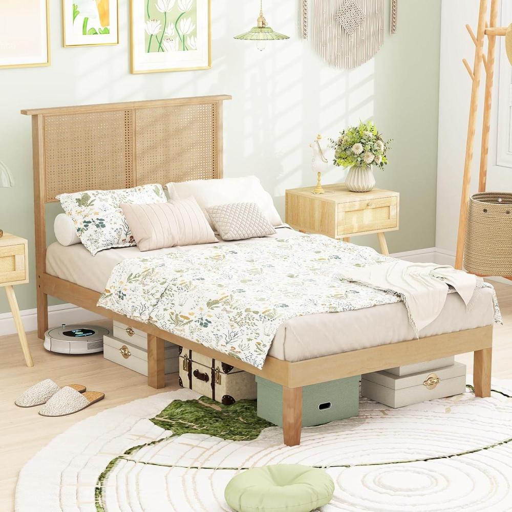 image:imageGiantex Rattan Twin Bed Frames for Kids Boho Platform Bed with Natural Wicker Headboard Solid Wood Foundation amp Support Slats UnderBed Storage Twin Size Bedframe for Adults No Box Spring NeededTwin