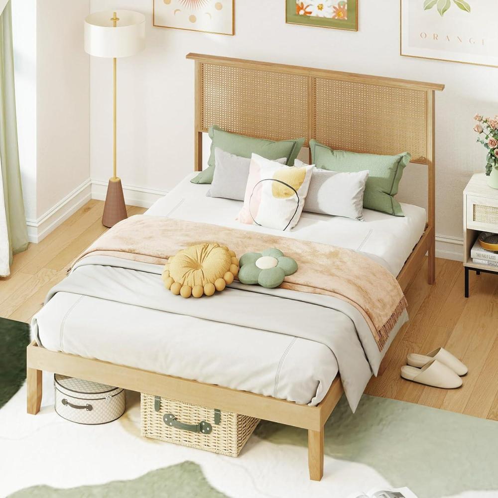 image:imageGiantex Rattan Twin Bed Frames for Kids Boho Platform Bed with Natural Wicker Headboard Solid Wood Foundation amp Support Slats UnderBed Storage Twin Size Bedframe for Adults No Box Spring NeededFull