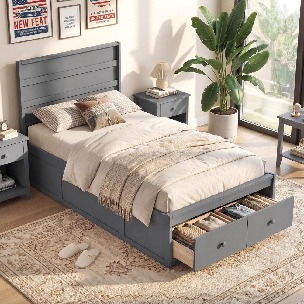 image:imageGiantex Twin Bed Frames for Kids with Storage Drawers Wood Platform Bed with Headboard Solid Mattress Foundation wWooden Slat Support amp Enclosed Base No Box Spring Needed White TwinGrey