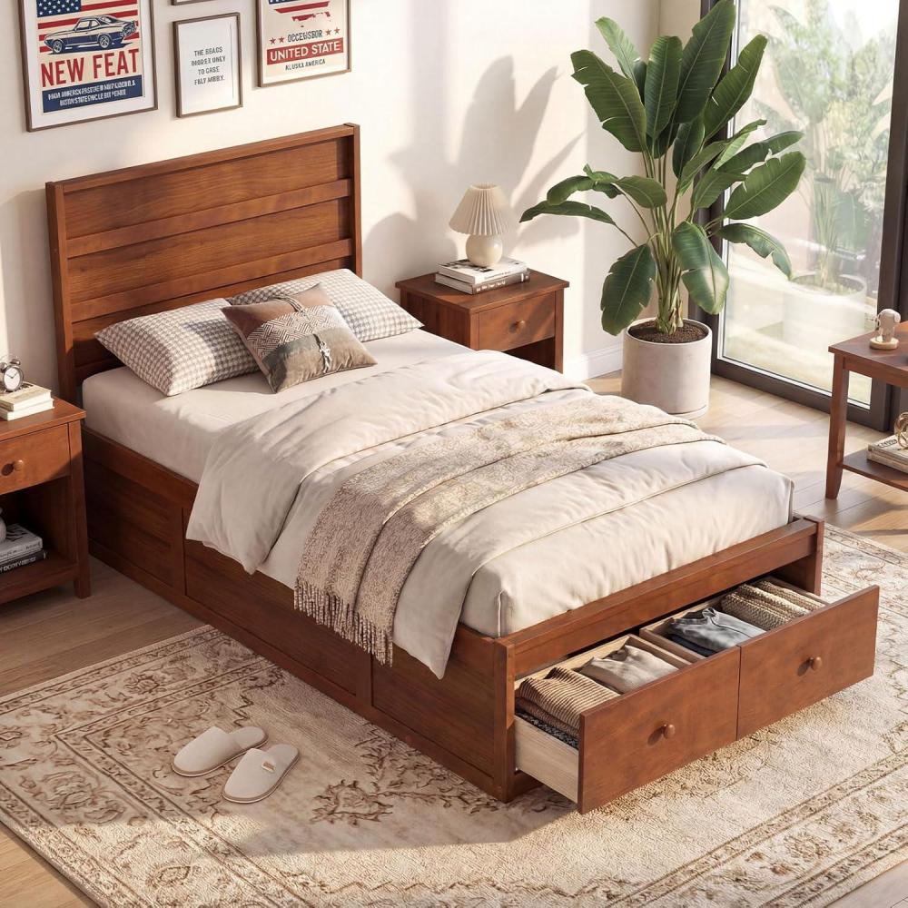 image:imageGiantex Twin Bed Frames for Kids with Storage Drawers Wood Platform Bed with Headboard Solid Mattress Foundation wWooden Slat Support amp Enclosed Base No Box Spring Needed White TwinWalnut