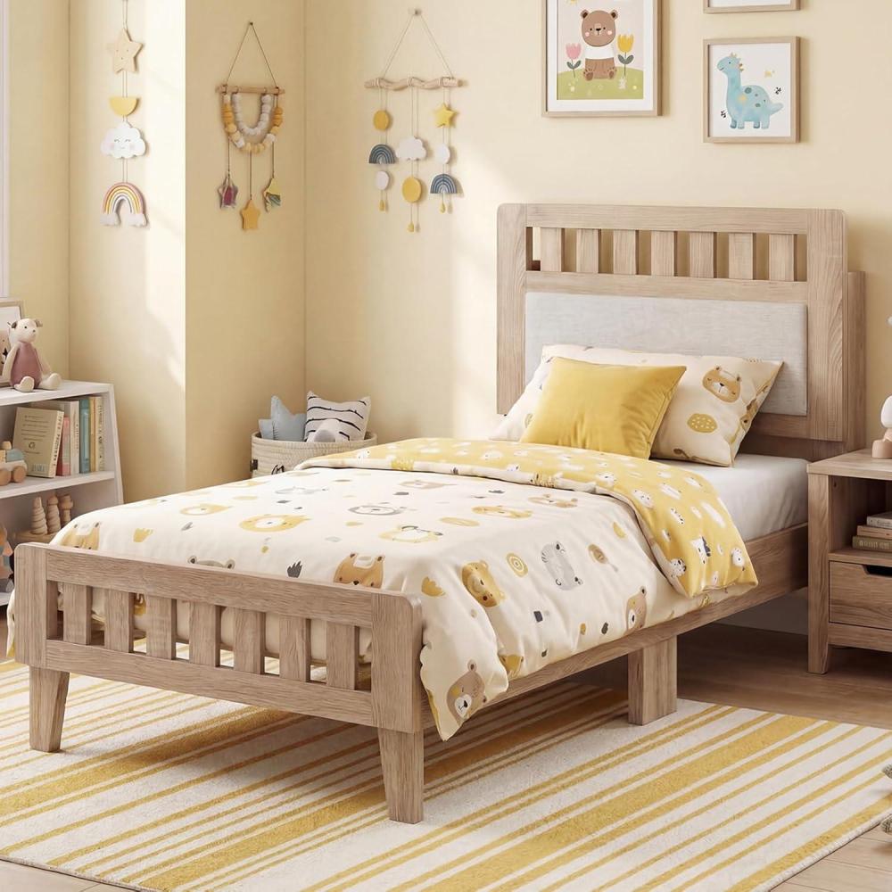 image:imageGiantex Wood Full Size Bed Frame with Upholstered Headboard MidCentury Platform Bed wWooden Slat Support Mattress Foundation Slatted Footboard UnderBed Storage Space No Box Spring Needed OakRustic Oak