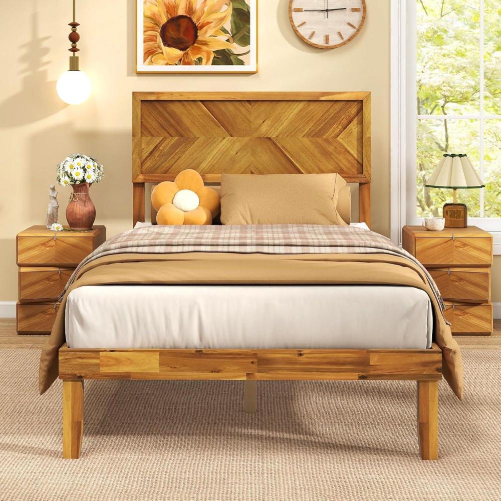 image:imageGiantex Wood Queen Size Bed Frame with Headboard Acacia Platform Bed w12 Slats Support UnderBed Space Wooden Mattress Foundation No Box Spring NeededTwin