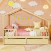 Giantex Full House Bed with Drawers, Wooden Full Size Bed Frame with Cube Storage & Fence Rails, Montessori Beds for Kids Boys Girls, Bedroom, Living Room, No Box Spring Needed, Natural(Natural)