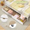 Giantex Full House Bed with Drawers, Wooden Full Size Bed Frame with Cube Storage & Fence Rails, Montessori Beds for Kids Boys Girls, Bedroom, Living Room, No Box Spring Needed, Natural(White)