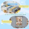 Giantex Loft Bed Twin Size with LED Lights, Wooden Low Bed Frames for Kids w/2 Doors, Under-Bed Play Space & Storage Bookcase, Modern Bedframe with Ladder & Safety Guardrail for Boys Girls (Grey)(Grey)