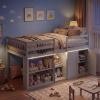 Giantex Low Loft Bed Twin Size with LED Lights, Wooden Bed Frame w/Stairs, Safety Guardrails, Storage Cabinet, Bookshelf & Under-Bed Play Space, Modern Kids Loft Bed for Boys Girls (Mint Green)(Grey)