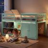 Giantex Low Loft Bed Twin Size with LED Lights, Wooden Bed Frame w/Stairs, Safety Guardrails, Storage Cabinet, Bookshelf & Under-Bed Play Space, Modern Kids Loft Bed for Boys Girls (Mint Green)(Mint Green)