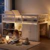 Giantex Low Loft Bed Twin Size with LED Lights, Wooden Bed Frame w/Stairs, Safety Guardrails, Storage Cabinet, Bookshelf & Under-Bed Play Space, Modern Kids Loft Bed for Boys Girls (Mint Green)(White)