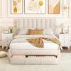 Giantex Queen Size Bed Frame with Storage Drawer, Upholstered Velvet Platform Bed with Vertical Channel Headboard, Wooden Slats Support Mattress Foundation, No Box Spring Needed, Beige(Beige)