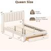 Giantex Queen Size Bed Frame with Storage Drawer, Upholstered Velvet Platform Bed with Vertical Channel Headboard, Wooden Slats Support Mattress Foundation, No Box Spring Needed, Beige(Beige)