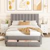 Giantex Queen Size Bed Frame with Storage Drawer, Upholstered Velvet Platform Bed with Vertical Channel Headboard, Wooden Slats Support Mattress Foundation, No Box Spring Needed, Beige(Grey)
