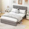 Giantex Queen Size Bed Frame with Storage Drawer, Upholstered Velvet Platform Bed with Vertical Channel Headboard, Wooden Slats Support Mattress Foundation, No Box Spring Needed, Beige(Grey)