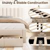 Giantex Queen Size Bed Frame with Storage Drawer, Upholstered Velvet Platform Bed with Vertical Channel Headboard, Wooden Slats Support Mattress Foundation, No Box Spring Needed, Beige(Beige)
