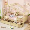 Giantex Full House Bed with Drawers, Wooden Full Size Bed Frame with Cube Storage & Fence Rails, Montessori Beds for Kids Boys Girls, Bedroom, Living Room, No Box Spring Needed, Natural(Natural)