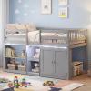 Giantex Low Loft Bed Twin Size with LED Lights, Wooden Bed Frame w/Stairs, Safety Guardrails, Storage Cabinet, Bookshelf & Under-Bed Play Space, Modern Kids Loft Bed for Boys Girls (Mint Green)(Grey)