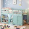 Giantex Low Loft Bed Twin Size with LED Lights, Wooden Bed Frame w/Stairs, Safety Guardrails, Storage Cabinet, Bookshelf & Under-Bed Play Space, Modern Kids Loft Bed for Boys Girls (Mint Green)(Mint Green)