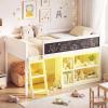 Giantex Low Loft Bed with LED Lights, Twin Size Bed Frames for Kids w/Chalkboard, Removable Bookcase & Under-Bed Storage Space, Wood Loft Beds with Stairs, Safety Guardrail for Girls Boys (White)(White)