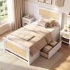 Giantex Rattan Bed Frame with 2 Storage Drawers, Twin Size Boho Platform Beds w/Headboard & Footboard, Wood Mattress Foundation, Twin Bed Frames for Kids Adults, No Box Spring Needed (White, Twin)(White)