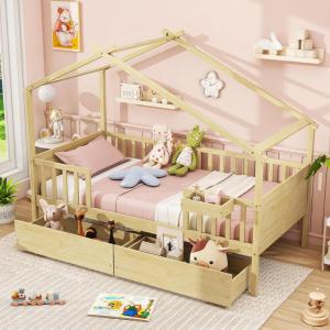 Giantex Full House Bed with Drawers, Wooden Full Size Bed Frame with Cube Storage & Fence Rails, Montessori Beds for Kids Boys Girls, Bedroom, Living Room, No Box Spring Needed, Natural(Natural)