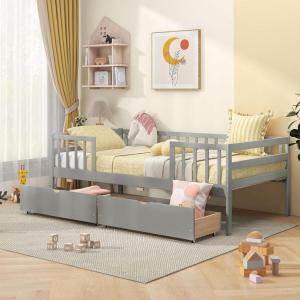 Giantex Full House Bed with Drawers, Wooden Full Size Bed Frame with Cube Storage & Fence Rails, Montessori Beds for Kids Boys Girls, Bedroom, Living Room, No Box Spring Needed, Natural(Grey)