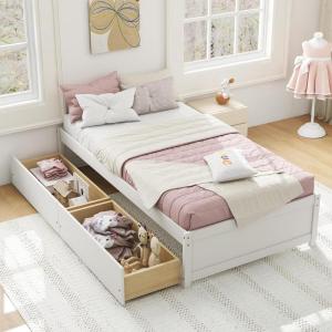 Giantex Full Size Bed Frame with 2 Storage Drawers, Solid Wood Platform Bed with Slats Support, Heavy Duty Daybed with Storage, No Box Spring Needed, Full Bed Frames for Teens Adults, White(White)