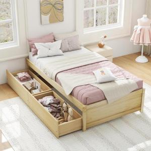 Giantex Full Size Bed Frame with 2 Storage Drawers, Solid Wood Platform Bed with Slats Support, Heavy Duty Daybed with Storage, No Box Spring Needed, Full Bed Frames for Teens Adults, White(Natural)
