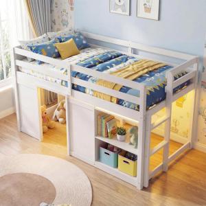 Giantex Loft Bed Twin Size with LED Lights, Wooden Low Bed Frames for Kids w/2 Doors, Under-Bed Play Space & Storage Bookcase, Modern Bedframe with Ladder & Safety Guardrail for Boys Girls (Grey)(White)