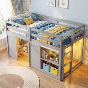 Giantex Loft Bed Twin Size with LED Lights, Wooden Low Bed Frames for Kids w/2 Doors, Under-Bed Play Space & Storage Bookcase, Modern Bedframe with Ladder & Safety Guardrail for Boys Girls (Grey)(Grey)