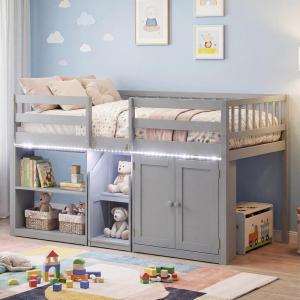 Giantex Low Loft Bed Twin Size with LED Lights, Wooden Bed Frame w/Stairs, Safety Guardrails, Storage Cabinet, Bookshelf & Under-Bed Play Space, Modern Kids Loft Bed for Boys Girls (Mint Green)(Grey)
