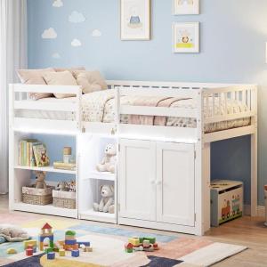 Giantex Low Loft Bed Twin Size with LED Lights, Wooden Bed Frame w/Stairs, Safety Guardrails, Storage Cabinet, Bookshelf & Under-Bed Play Space, Modern Kids Loft Bed for Boys Girls (Mint Green)(White)