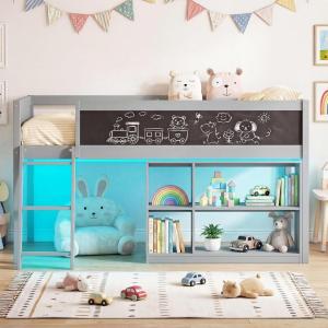 Giantex Low Loft Bed with LED Lights, Twin Size Bed Frames for Kids w/Chalkboard, Removable Bookcase & Under-Bed Storage Space, Wood Loft Beds with Stairs, Safety Guardrail for Girls Boys (White)(Grey)