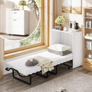 Giantex Murphy Bed Cabinet with Mattress – 74″ x 31″ Cot Size Folding Bed w/Storage, Metal Frame & Lockable Rolling Wheels, Space-Saving Roll Away Beds with Mattresses for Adults Guests (White)(White)
