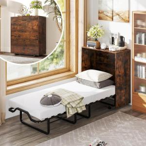 Giantex Murphy Bed Cabinet with Mattress – 74″ x 31″ Cot Size Folding Bed w/Storage, Metal Frame & Lockable Rolling Wheels, Space-Saving Roll Away Beds with Mattresses for Adults Guests (White)(Rustic Brown)