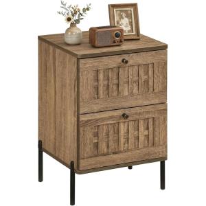Giantex Night Stand Set 2, Mid Century Modern Sofa End Bedside Table w/2 Woven Storage Drawers & Raised Metal Support Legs, Wood Side Table for Bedroom Home Office, Rustic Oak(1)