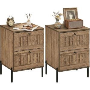 Giantex Night Stand Set 2, Mid Century Modern Sofa End Bedside Table w/2 Woven Storage Drawers & Raised Metal Support Legs, Wood Side Table for Bedroom Home Office, Rustic Oak(2)