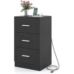 Giantex Night Stand Set 2 with Charging Station, 26’’ Tall Side End Table w/3 Storage Drawers, Wooden Nightstand Chest of Drawers, Wood Dresser for Bedroom Office (2, Natural)(Black)