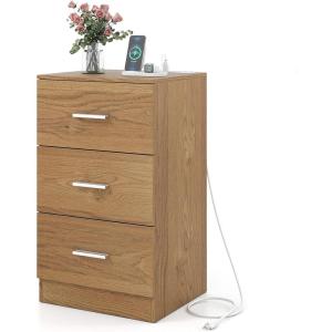 Giantex Night Stand Set 2 with Charging Station, 26’’ Tall Side End Table w/3 Storage Drawers, Wooden Nightstand Chest of Drawers, Wood Dresser for Bedroom Office (2, Natural)(Natural)