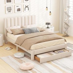 Giantex Queen Size Bed Frame with Storage Drawer, Upholstered Velvet Platform Bed with Vertical Channel Headboard, Wooden Slats Support Mattress Foundation, No Box Spring Needed, Beige(Beige)