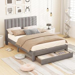 Giantex Queen Size Bed Frame with Storage Drawer, Upholstered Velvet Platform Bed with Vertical Channel Headboard, Wooden Slats Support Mattress Foundation, No Box Spring Needed, Beige(Grey)